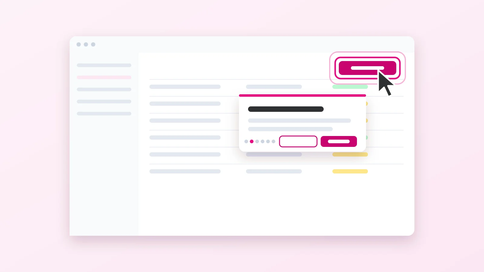 Illustration : un logiciel affiché dans le navigateur, le bouton à cliquer entouré en rose, le curseur dessus et une bulle de consigne avec ses boutons Précédent et Suivant.