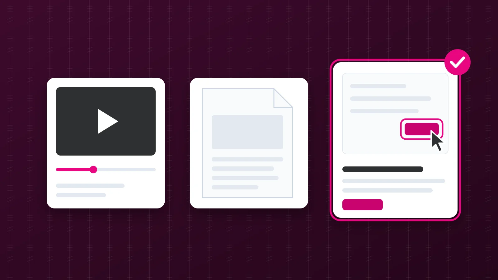 Illustration : trois supports côte à côte, une vidéo, un document PDF et une démo interactive, cette dernière entourée en rose et cochée.