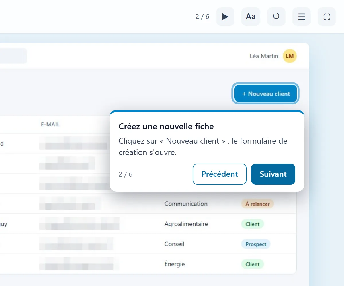 The Oghamix player at step 2 of 6: the “Create a new record” bubble points to the “New customer” button, and customer e-mail addresses are blurred.
