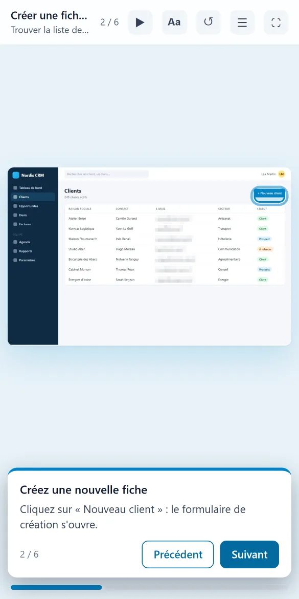 The same demo on a phone: screenshot at the top, instruction and Previous / Next buttons at the bottom.